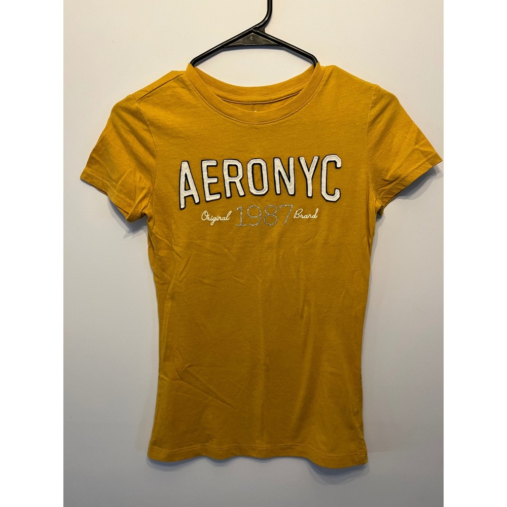 Y2K Vintage Aeropostale Mustard Yellow AERONYC Graphic Crew T-Shirt Small